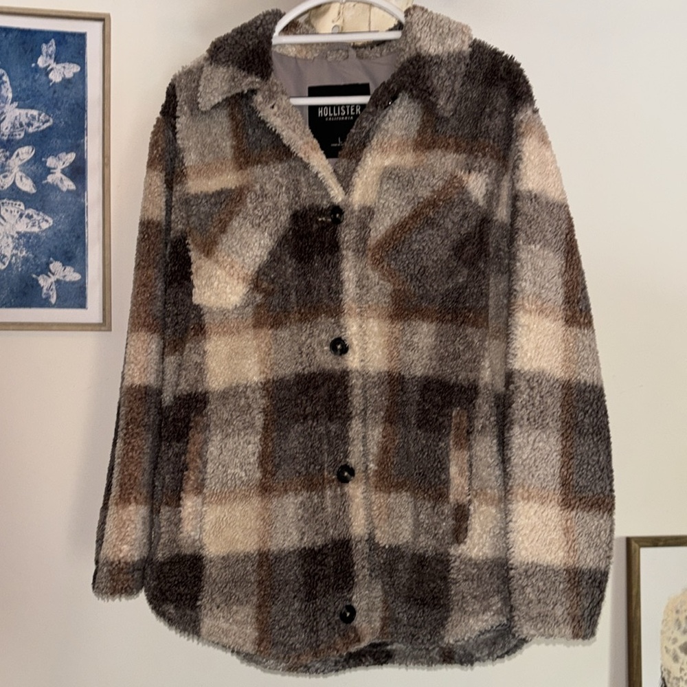 Hollister Teddy Plaid Faux Sherpa Lined Pea Coat, Size L - Picture 2 of 16